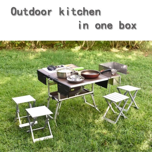 Bulin 4-7 Person Outdoor Camping Picnic Mobile Kitchen Foldable Table Cookware Set with Folding Stool Cooking Gas Stove 1